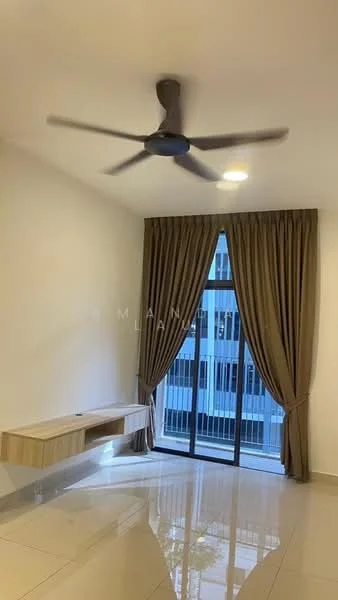 Living features: 5-blade ceiling fan, floor-to-ceiling windows, curtains, wall-mounted TV console, glossy tile flooring, neutral painted walls, recessed lighting; style: modern; view: city.