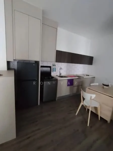 Kitchen features: light wood cabinetry, dark wood lower cabinets, white countertop, hexagonal tile backsplash, stainless-steel sink, chrome pull-down faucet, built-in oven, stainless-steel fridge, black fridge, dining table with light wood finish, white dining chairs, laminate flooring; style: modern.