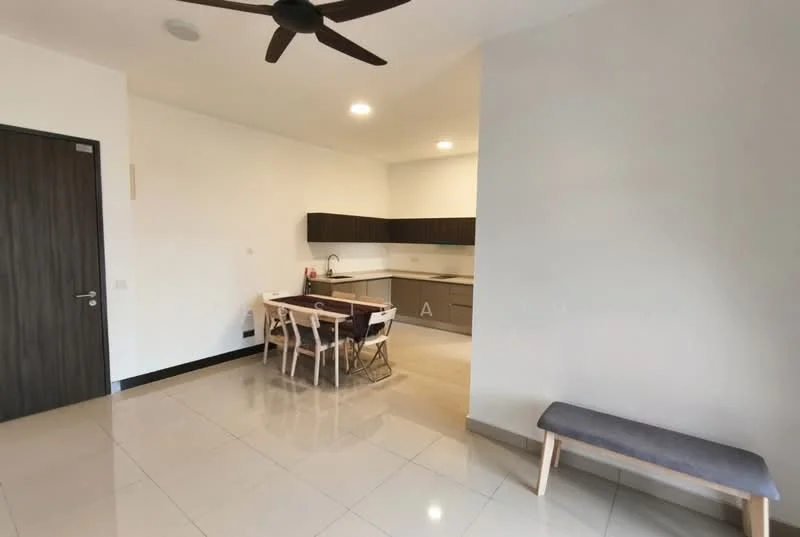 Kitchen features: white painted walls, glossy tile flooring, ceiling with recessed downlights, dark wood cabinetry, stainless-steel sink, chrome pull-down faucet, kitchen island with seating, 4-seater dining table, wooden dining chairs, ceiling fan; style: modern. Living features: grey upholstered bench, open layout, natural light from windows; style: modern.