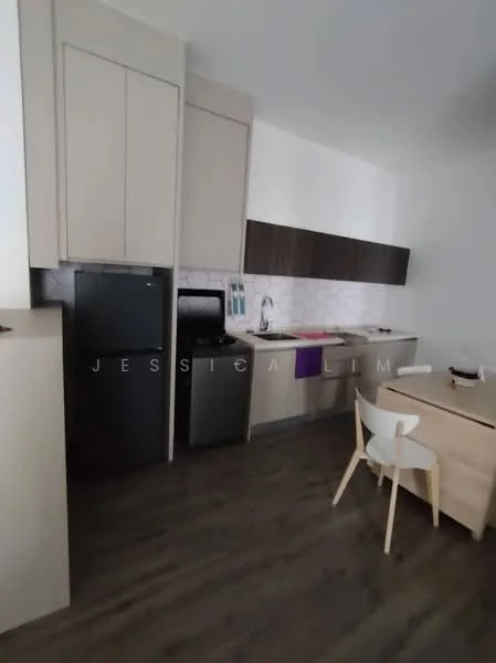 Kitchen features: light wood cabinetry, dark wood upper cabinets, white hexagon tile backsplash, black fridge, stainless-steel fridge, sink with faucet, countertop with space for appliances, dining table with chairs, laminate flooring, wall-mounted kitchen accessories; style: modern.