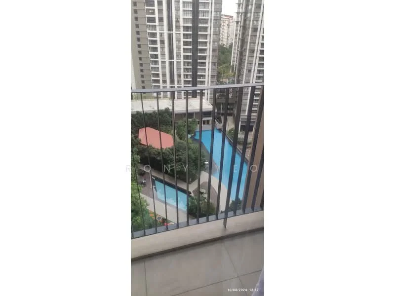 Balcony features: metal railing, sliding glass door, tile flooring, view of swimming pool, view of landscaped garden, outdoor space; view: pool.