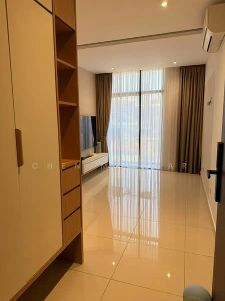Room features: glossy tile flooring, floor-to-ceiling windows, sheer curtains, wall-mounted TV, white TV console, built-in wardrobe with wooden finish, recessed downlights, air conditioning unit; style: modern; view: city.