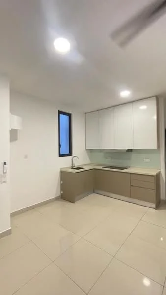 Kitchen features: white upper cabinets, beige lower cabinets, single-bowl stainless-steel sink, chrome pull-down faucet, glass backsplash, white tiled walls, cream floor tiles, recessed LED downlights, window with black frame; style: modern.