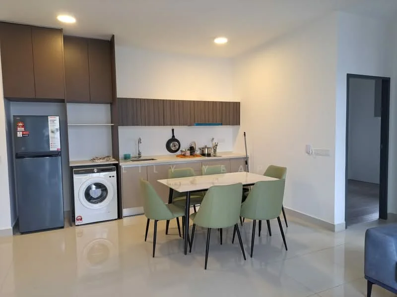 Kitchen features: grey cabinetry, wooden cabinetry, white countertop, stainless-steel sink, chrome pull-down faucet, built-in oven, freestanding washing machine, stainless-steel fridge, 6-seater dining table, green upholstered dining chairs, recessed LED downlights, tile flooring, white painted walls; style: modern.