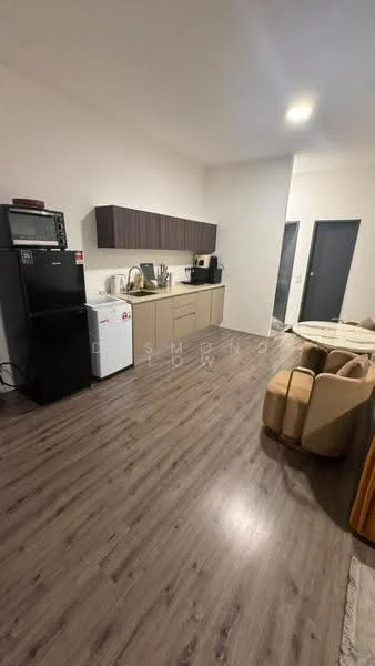 Kitchen features: laminate flooring, white painted walls, brown flat-panel cabinets, stainless-steel fridge, microwave, built-in oven, kitchen countertop, sink, kettle, toaster, coffee machine, 2-seater dining table, wall-mounted shelves; style: modern.