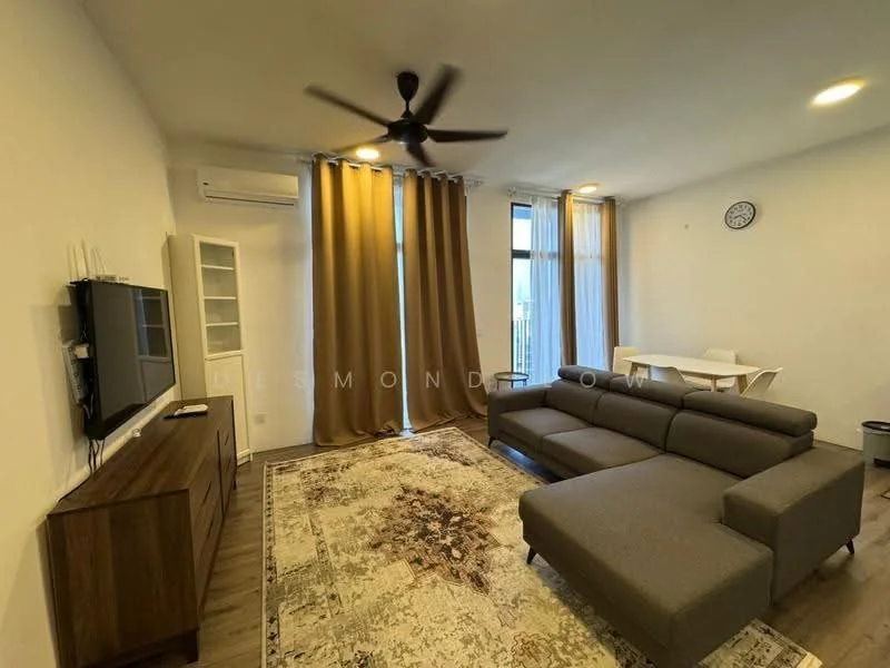 Living features: 3-seater fabric sofa in grey, coffee table, TV console, wall-mounted TV, area rug with geometric pattern, 5-blade ceiling fan with light, floor-to-ceiling windows, sheer curtains, wooden flooring, decorative wall clock, dining table for 2, light-colored walls; style: modern.