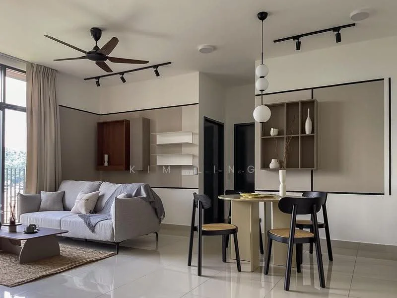 Living features: 3-seater fabric sofa in light grey, coffee table, round dining table, 2 dining chairs with black legs, ceiling fan with light, recessed LED downlights, wall-mounted shelving unit, decorative wall panels, large window with sheer curtains, tile flooring, neutral wall color; style: modern; view: garden.