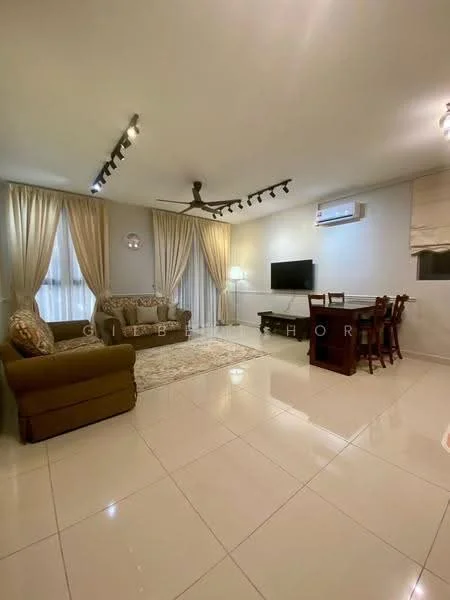 Living features: 3-seater fabric sofa in beige, 2-seater fabric sofa in brown, coffee table, TV console, wall-mounted TV, area rug with geometric pattern, 5-blade ceiling fan with light, recessed LED downlights, floor-to-ceiling windows with sheer curtains, dining table with 4 chairs, air conditioning unit, decorative wall clock; style: modern.