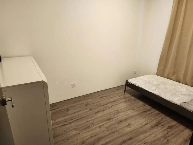 Bedroom features: light wood laminate flooring, white painted walls, single bed frame, mattress, curtain on window, built-in wardrobe, minimalist decor; style: minimalist.