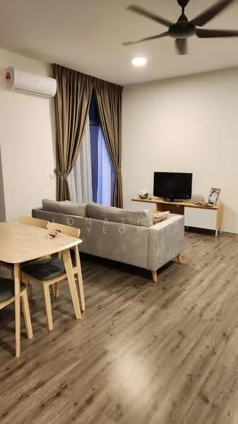 Living features: 3-seater fabric sofa in grey, wooden dining table for 4, 4 wooden dining chairs, wall-mounted TV, TV console, laminate flooring, white painted walls, floor-to-ceiling windows with sheer curtains, 1 wall-mounted split AC, ceiling fan, decorative wall art; style: modern.