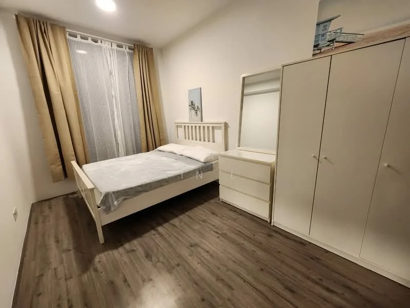 Bedroom features: queen-size bed with white frame, light grey bedding, wooden flooring, white walls, floor-to-ceiling window with sheer curtains, light brown curtains, white dresser with mirror, white wardrobe with sliding doors; style: modern.