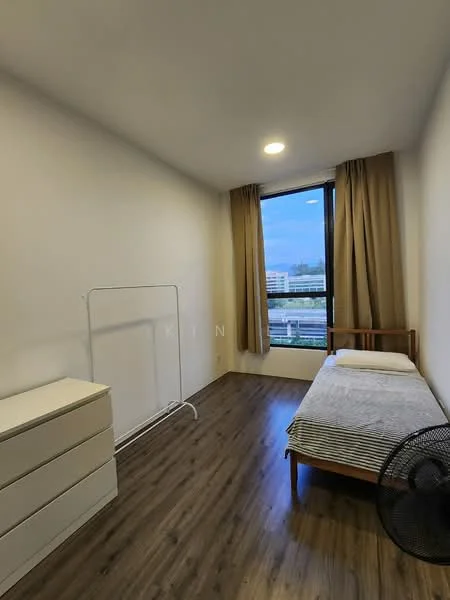 Bedroom features: single bed, wooden bed frame, light grey bedding, white dresser, floor-to-ceiling window, curtains in beige, wood laminate flooring, ceiling light, standing fan; style: modern; view: city.