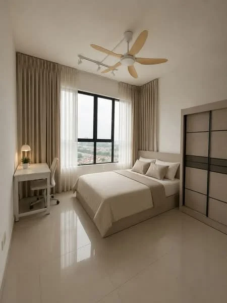 Bedroom features: queen-size bed with beige bedding, upholstered headboard, 2 bedside lamps, study desk with chair, floor-to-ceiling window, sheer curtains, light-colored walls, polished tile flooring, 5-blade ceiling fan with light, built-in wardrobe with sliding doors; style: modern; view: city.