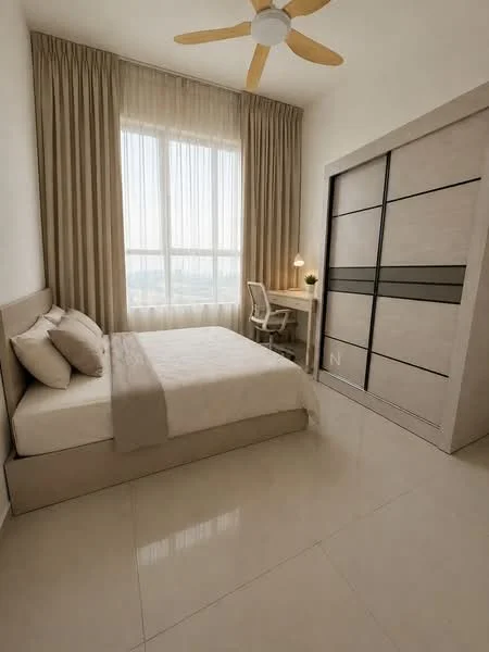 Bedroom features: queen-size bed with beige bedding, upholstered headboard, floor-to-ceiling windows, sheer curtains, light-colored walls, cream tiled flooring, ceiling fan with wooden blades, built-in wardrobe with sliding doors, study desk with chair, decorative plant on desk; style: modern; view: city.