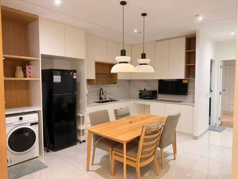 Kitchen features: white cabinetry, black refrigerator, built-in microwave, white marble countertop, stainless-steel sink, chrome pull-down faucet, 4-burner gas hob, washing machine, dining table with 4 chairs, recessed downlights, tile flooring, open shelving; style: modern.