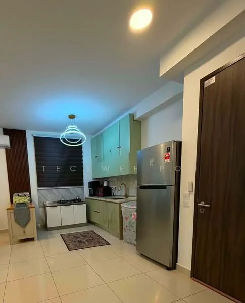 Kitchen features: green upper cabinets, white lower cabinets, stainless-steel fridge, built-in stove, kitchen countertop, decorative rug, single-bowl stainless-steel sink, chrome pull-down faucet, wall-mounted air conditioning unit, recessed ceiling lights, pendant light fixture; style: modern.