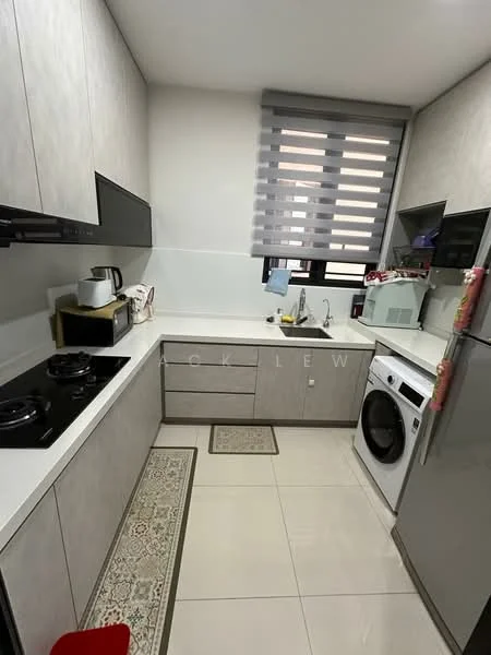 Kitchen features: grey laminate cabinetry, white quartz countertop, double-bowl stainless-steel sink, chrome pull-down faucet, built-in oven, 4-burner gas hob, stainless-steel fridge, front-load washing machine, ceramic tile flooring, roller blinds on window, decorative area rug, wall-mounted microwave, open shelving, LED strip lighting under cabinets; style: modern.