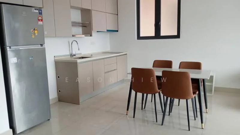 Kitchen features: stainless-steel fridge, single-bowl stainless-steel sink, chrome pull-down faucet, laminate countertop, flat-panel beige cabinets, 4-seater dining table, upholstered dining chairs in brown, ceramic tile flooring, white painted walls, window with black frame; style: modern.
