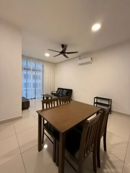 Living features: 5-blade ceiling fan, recessed LED downlights, white painted walls, glossy ceramic tile flooring, sofa in black, wooden dining table, 4 wooden dining chairs, air conditioning unit, floor-to-ceiling windows with sheer curtains; style: modern.