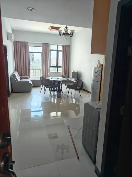 Living features: 3-seater fabric sofa in grey, round dining table, 4 upholstered dining chairs, floor-to-ceiling windows, curtains in beige, ceiling light fixture, marble tile flooring, air conditioning unit, refrigerator, kitchen cabinetry, countertop, washing machine; style: modern; view: city.