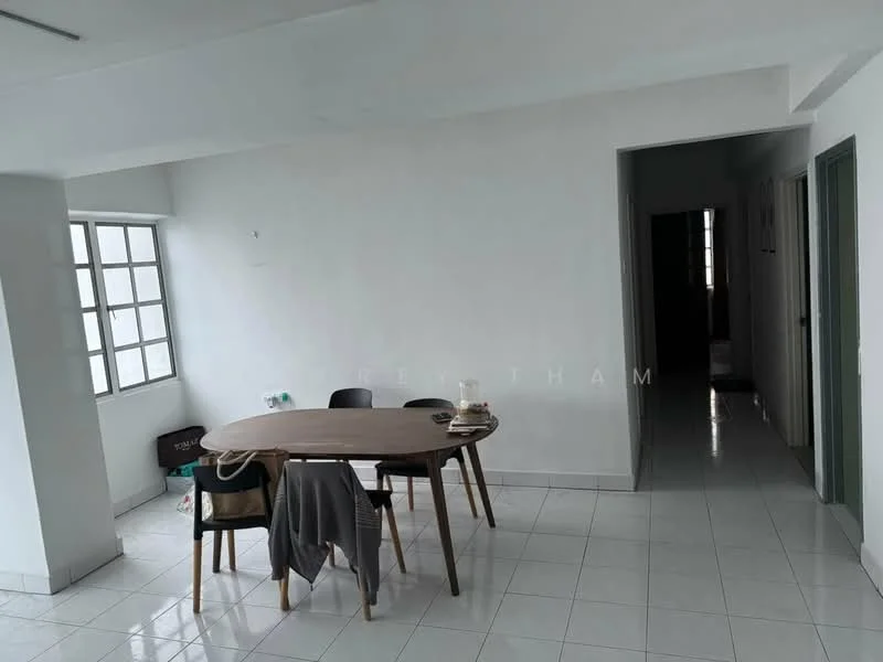 Dining features: white painted walls, white tiled flooring, round wooden dining table, four wooden dining chairs, floor-to-ceiling windows, natural light from windows, neutral decor, minimalist style; style: minimalist. Hallway features: white painted walls, white tiled flooring, doorway leading to other rooms, neutral decor; style: minimalist.