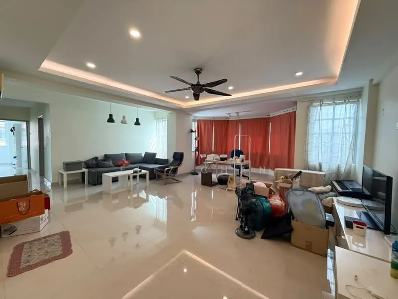 Living features: white painted walls, glossy tile flooring, tray ceiling with recessed lighting, 5-blade ceiling fan with light, large windows with sheer curtains, grey sectional sofa, white coffee table, black TV console, wall-mounted TV, decorative area rug, multiple boxes and furniture items, dining table with chairs; style: modern.