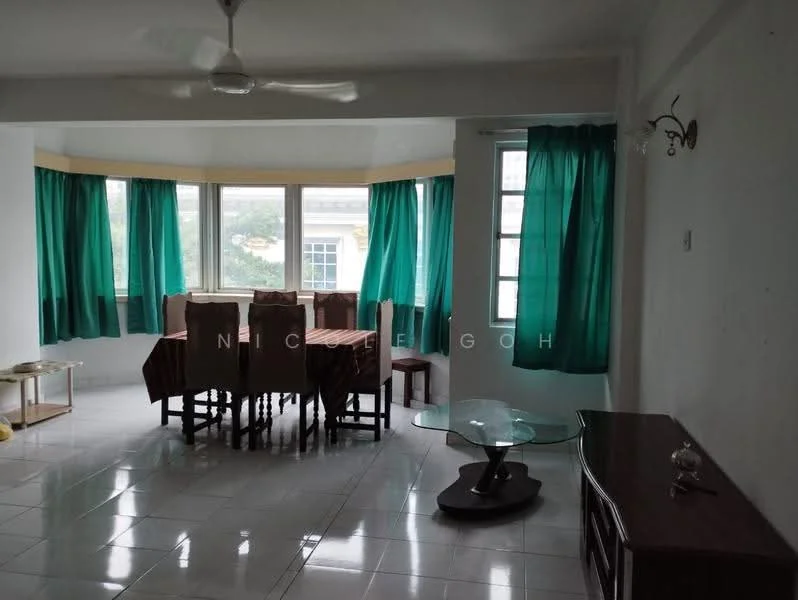 Dining features: 6-seater dining table with brown tablecloth, upholstered dining chairs in beige, floor-to-ceiling windows, green sheer curtains, white walls, polished ceramic tile flooring, ceiling fan, glass coffee table, wooden sideboard, natural light from windows; style: modern; view: garden.