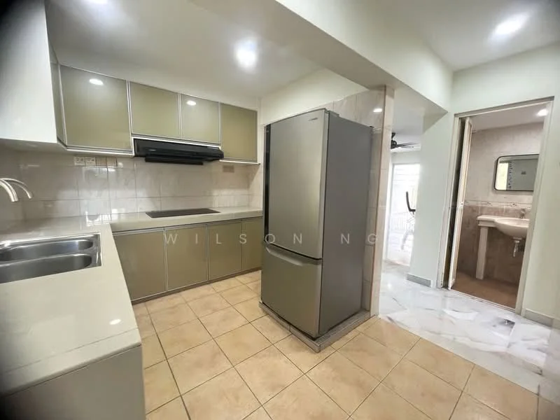 Kitchen features: light green cabinetry, stainless-steel refrigerator, double-bowl stainless-steel sink, chrome pull-down faucet, ceramic tile flooring, white tiled backsplash, built-in oven, exhaust hood, wall-mounted cabinets, countertop with overhang; style: modern. Room features: white painted walls, marble tile flooring, bathroom sink visible, mirror above sink.