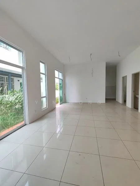 Room features: white painted walls, glossy ceramic tile flooring, large windows, sliding glass door, natural light, high ceiling, recessed lighting, open layout; style: modern; view: garden.