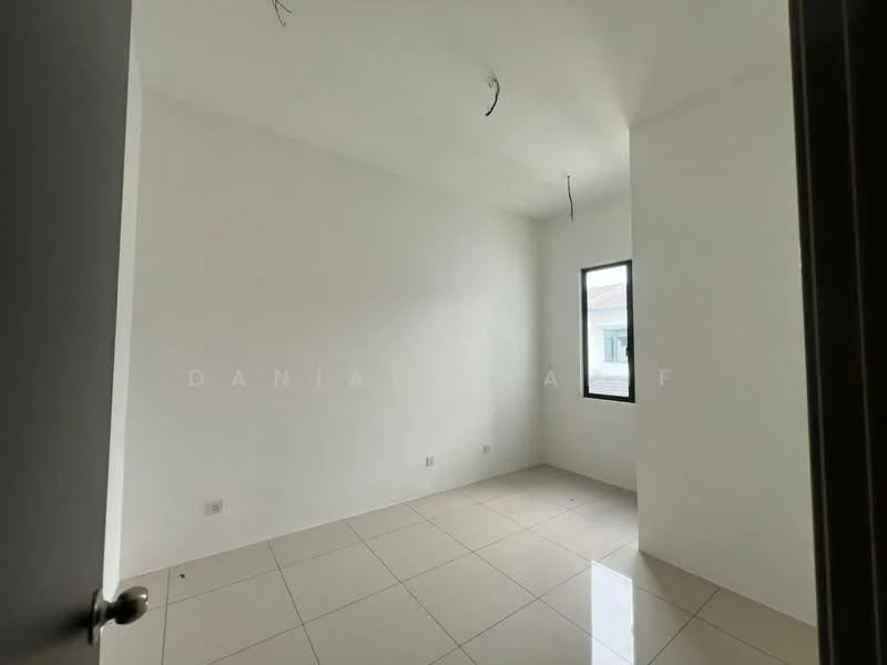 Room features: white painted walls, tile flooring, single window, ceiling with exposed wiring, neutral color scheme.