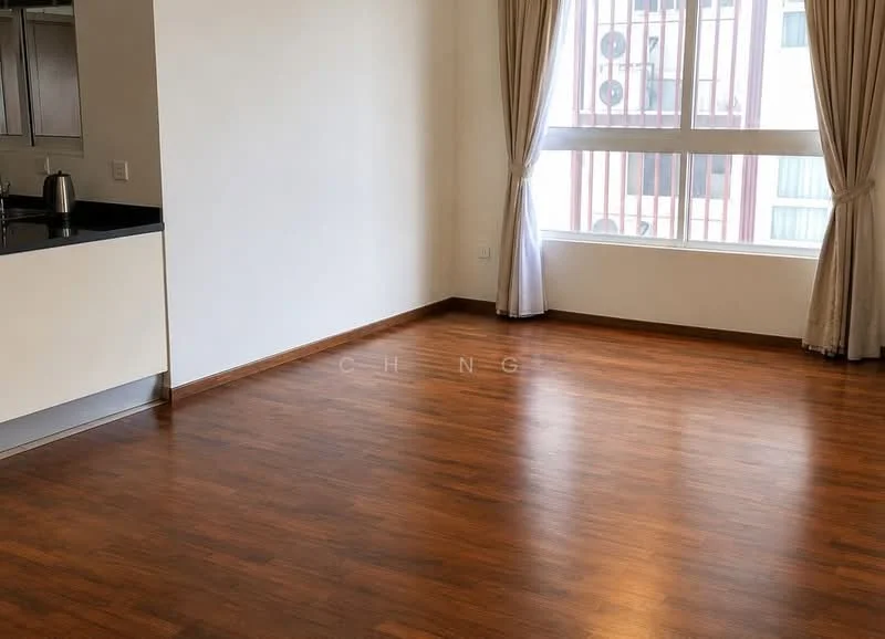Living features: laminate wood flooring, white painted walls, floor-to-ceiling windows, sheer curtains, open layout to kitchen, natural light, corner view, no visible furniture; style: modern.