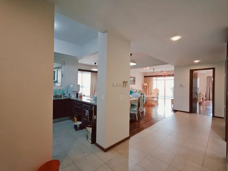 Kitchen features: dark wood cabinetry, stainless-steel sink, countertop with space for appliances, tile flooring, window for natural light; style: modern. Living features: wood flooring, large windows, dining area with chandelier, open layout, neutral wall color, recessed lighting; style: modern. Hallway features: tile flooring, neutral wall color, doorway leading to other rooms.