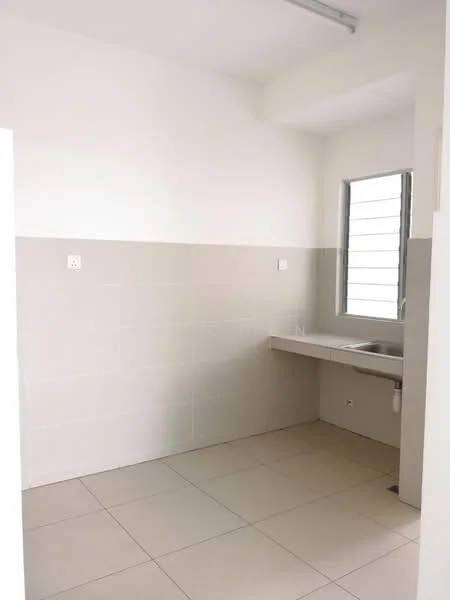 Laundry features: white painted walls, light grey tiled walls, light beige floor tiles, single-bowl stainless-steel sink, countertop, window with horizontal slats, wall-mounted electrical outlets, no visible appliances; style: modern.