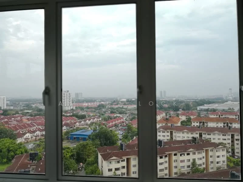Exterior features: city skyline view, residential buildings in foreground, green landscaping, urban environment, cloudy sky.