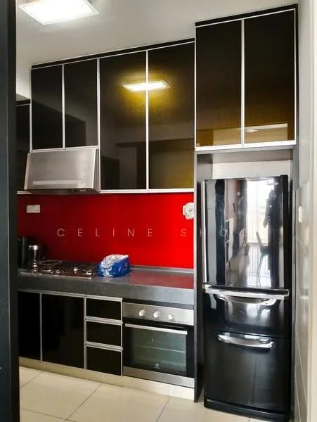 Kitchen features: black high-gloss cabinetry, red accent wall, stainless-steel countertop, built-in gas hob, stainless-steel range hood, built-in oven, stainless-steel fridge, under-cabinet lighting, ceramic tile flooring, single-bowl stainless-steel sink, chrome faucet; style: modern.