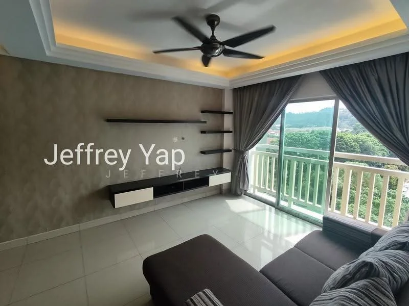Living features: 5-blade ceiling fan with light, recessed lighting, cream painted walls, grey accent wall, floor-to-ceiling sliding glass door, curtains, wall-mounted shelving unit, sofa in dark grey, white TV console, tile flooring; style: modern; view: garden.