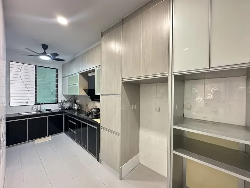 Kitchen features: black cabinetry, light wood cabinetry, white tiled backsplash, stainless-steel sink, chrome pull-down faucet, built-in oven, 4-burner gas hob, exhaust hood, ceiling fan, window with grid pattern, grey tile flooring, open shelving; style: modern.