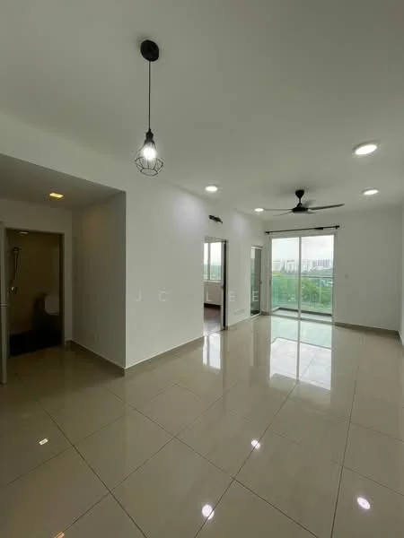 Living features: white painted walls, glossy beige tile flooring, 5-blade ceiling fan, recessed LED downlights, hanging industrial-style pendant light, floor-to-ceiling sliding glass door, balcony view, open layout, natural light from windows; style: modern; view: city. Bathroom features: one-piece toilet, shower area, tile flooring, white walls.