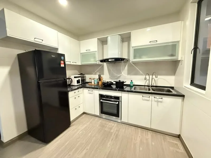 Kitchen features: white cabinetry with flat-panel doors, black countertop, stainless-steel built-in oven, stainless-steel gas hob, black refrigerator, microwave, stainless-steel sink, chrome pull-down faucet, tile backsplash, laminate flooring, window with black frame, under-cabinet lighting; style: modern.