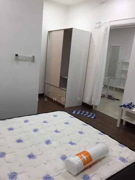 Bedroom features: wooden flooring, white painted walls, built-in wardrobe with sliding doors, single bed mattress, decorative throw pillow, curtain on window, small side table, light-colored bedding; style: modern.