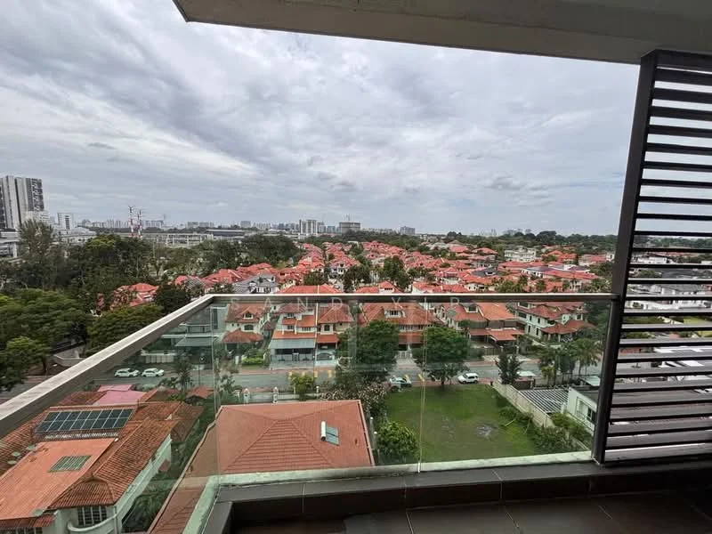 Exterior features: glass railing, city skyline view, surrounded by residential houses, greenery in the foreground, cloudy sky, terracotta roof tiles, paved road, visible parking spaces; style: modern.