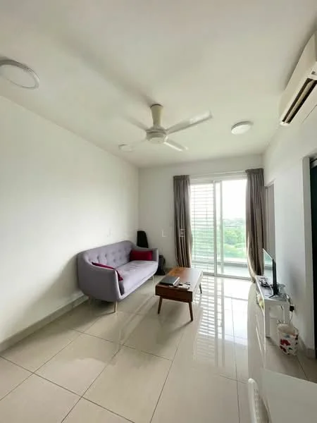 Living features: grey fabric 3-seater sofa, wood coffee table, floor-to-ceiling windows, sliding glass door, sheer curtains, recessed downlights, 5-blade ceiling fan, wall-mounted TV, glossy tile flooring, white painted walls, curtains, air conditioning unit; style: modern; view: garden.