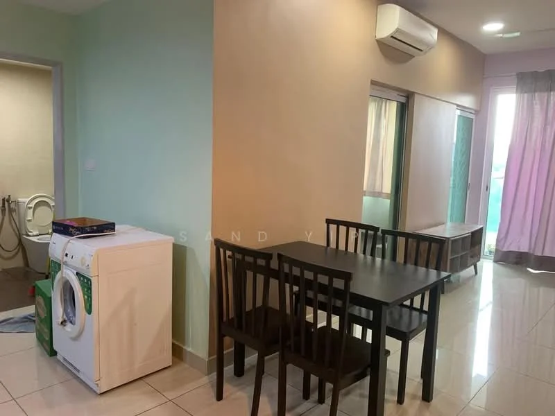 Dining features: 4-seater dining table, black dining chairs, white wall, light green accent wall, tile flooring, wall-mounted split AC, curtains, natural light from window; style: modern. Laundry features: front-load washing machine, laundry area, plumbing fixtures visible, tile flooring.
