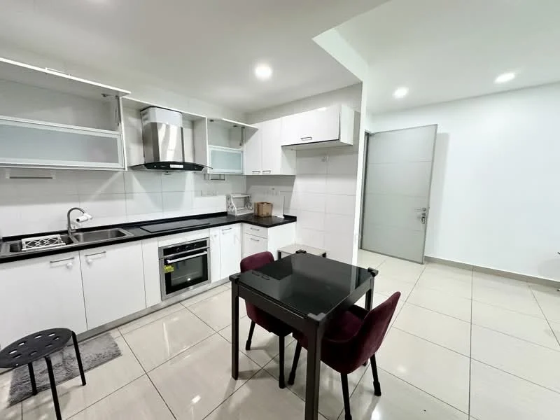 Kitchen features: white cabinetry, black countertop, stainless-steel sink, chrome pull-down faucet, built-in oven, stainless-steel range hood, 4-burner gas hob, ceramic tile flooring, recessed LED downlights, dining table with black surface, 2 burgundy upholstered chairs, open shelving, grey dish mat; style: modern. Room features: white painted walls, grey door, ceramic tile flooring, recessed LED downlights.
