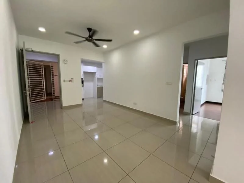 Living features: white painted walls, glossy ceramic tile flooring, 5-blade ceiling fan with light, recessed LED downlights, doorway leading to kitchen, doorway leading to hallway, open layout, natural light from windows; style: modern.