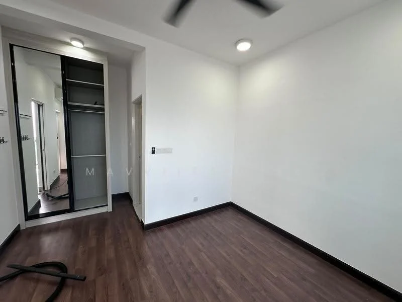 Room features: white painted walls, wood laminate flooring, ceiling light, 5-blade ceiling fan, built-in wardrobe with sliding doors, doorway leading to another room, baseboards, no visible furniture; style: modern.