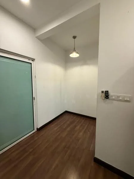 Room features: white painted walls, wood laminate flooring, single pendant light, sliding glass door, intercom panel, wall-mounted light switch; style: modern.