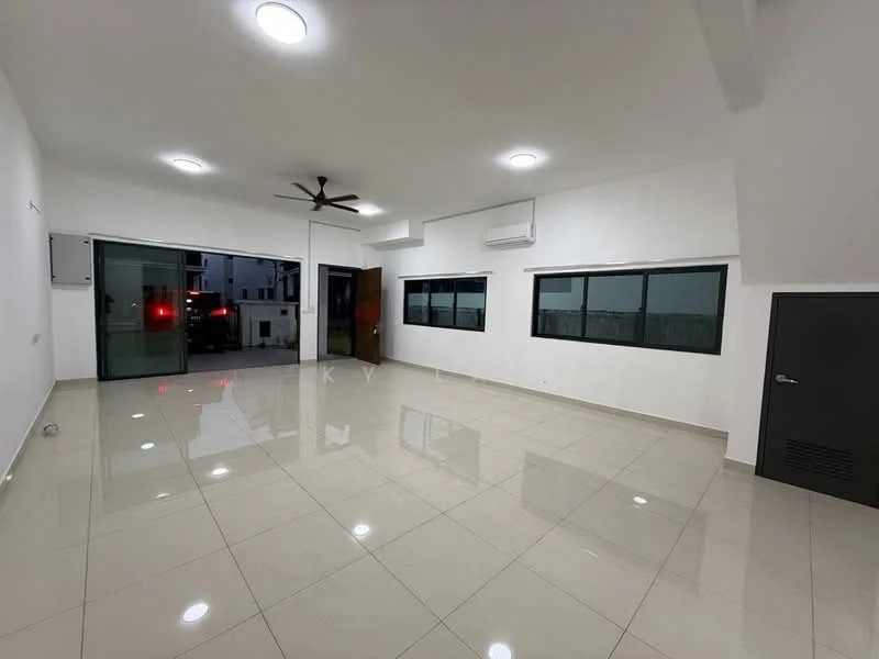 Living features: white painted walls, glossy ceramic tile flooring, 5-blade ceiling fan with light, 2 wall-mounted split AC units, floor-to-ceiling windows, sliding glass door, blackout curtains, recessed LED downlights, decorative wall panel, door with handle, open layout; style: modern; view: city.
