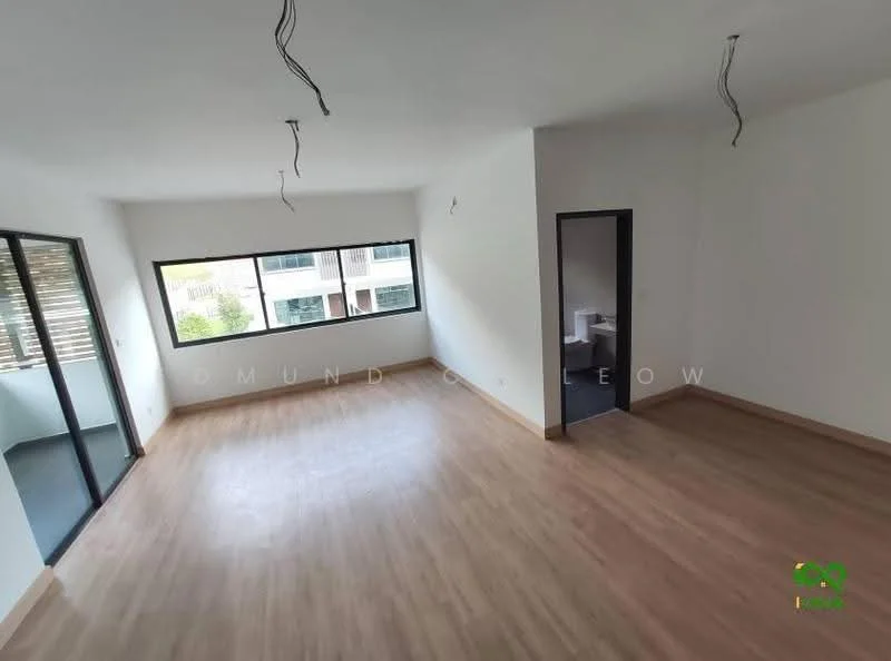 Room features: white painted walls, laminate flooring, large windows, ceiling with exposed wiring, open layout, natural light, view of outdoor space, neutral color scheme; style: modern; view: garden.