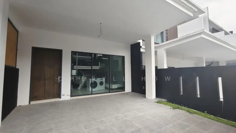 Exterior features: covered patio area, sliding glass door, concrete flooring, black feature wall, green grass patch, exposed ceiling, laundry area visible through glass door; style: modern.